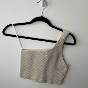 Aritzia Babaton Beige Ribbed Sculpt Knit One-shoulder Cropped Tank Neutral